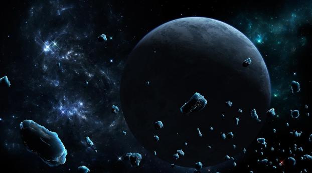 planets, stars, asteroids Wallpaper 2560x1024 Resolution