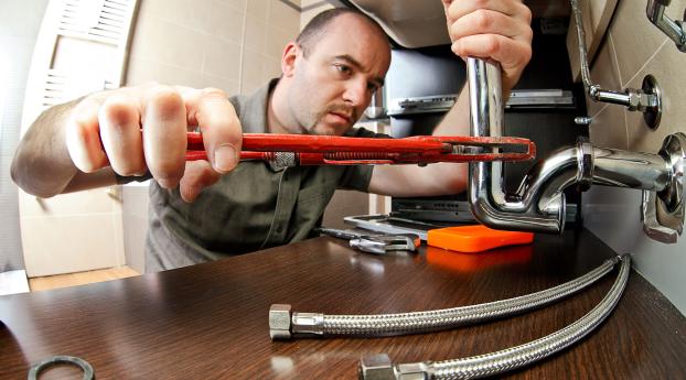 plumber, pipe wrench, pipe repair Wallpaper 1336x768 Resolution