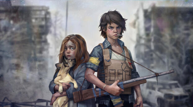 Post Apocalyptic Siblings Illustration Wallpaper 3340x1440 Resolution
