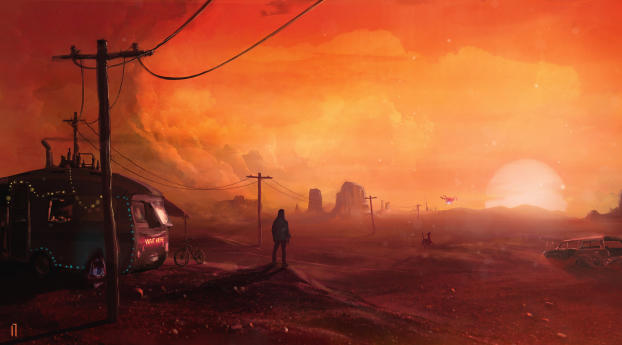 Post Apocalyptic Sunset in Mars 4K Wallpaper 1600x2560 Resolution