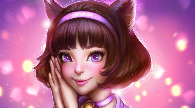 Purple Eyes Short Hair Animal Ears Girl Wallpaper 480x854 Resolution