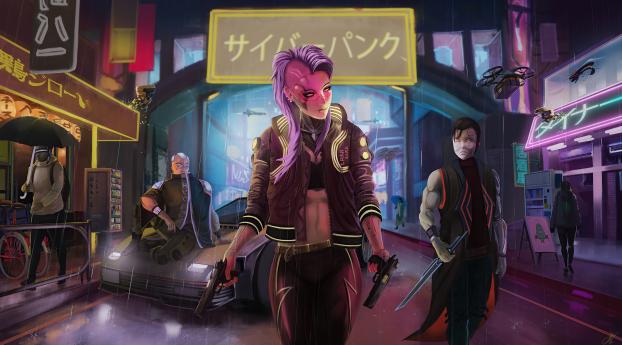 Purple Hair Cyberpunk Girl  5K Wallpaper 1125x2436 Resolution