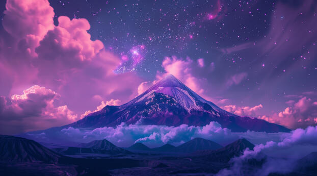 Purple Majestic Volcano Under Starry Night Sky Wallpaper