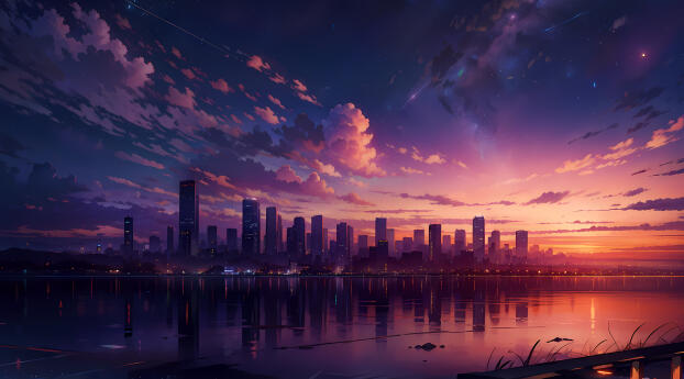 Purple Sunset 4K City Wallpaper 1080x2160 Resolution