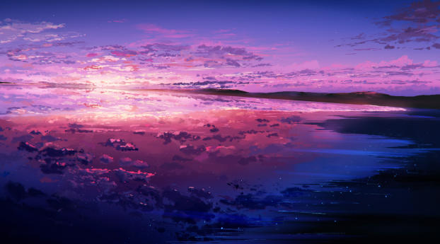Purple Sunset Reflected in the Ocean Wallpaper 3449x1600 Resolution