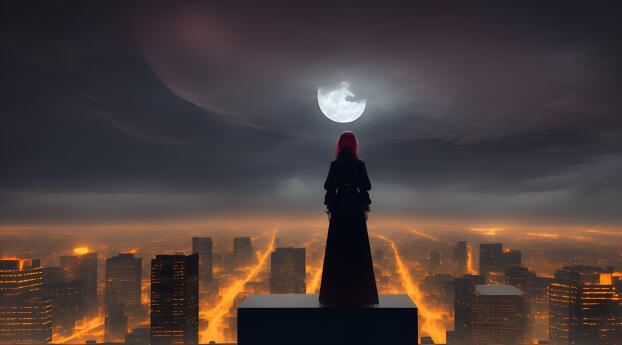 Realistic Sad Girl Alone in Full Moon Wallpaper 840x1160 Resolution