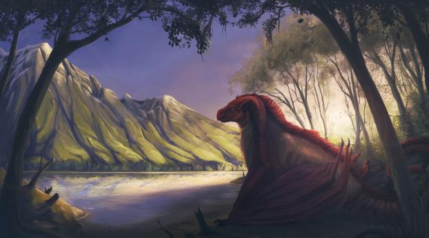 Red Dragon Sitting Outside Lake Wallpaper