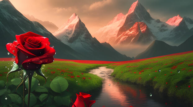 Red roses with Snowy Mountains HD Fantasy Landscape Wallpaper 1280x1024 Resolution