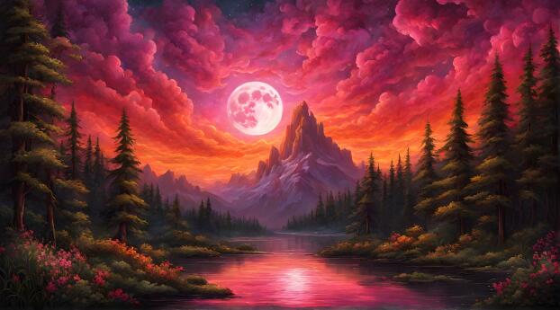 Red Sky and Bright Moon Wallpaper 1080x216 Resolution