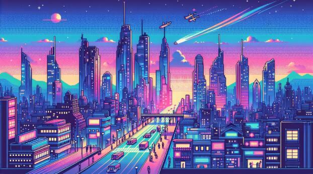 Retro Futuristic Cityscape HD Pixel Wallpaper