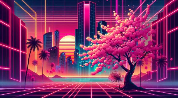 Retro Wave HD Cherry Blossom Tree Wallpaper 5120x3200 Resolution