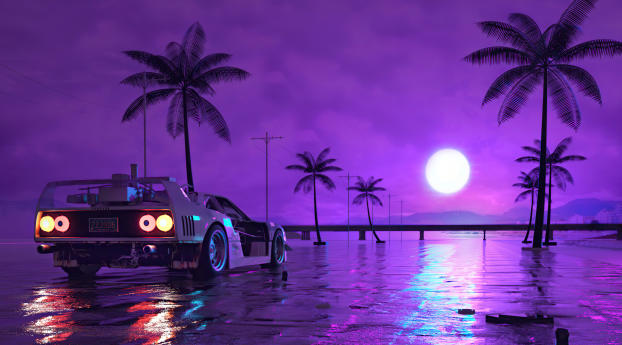Retro Wave Sunset and Running Car Wallpaper