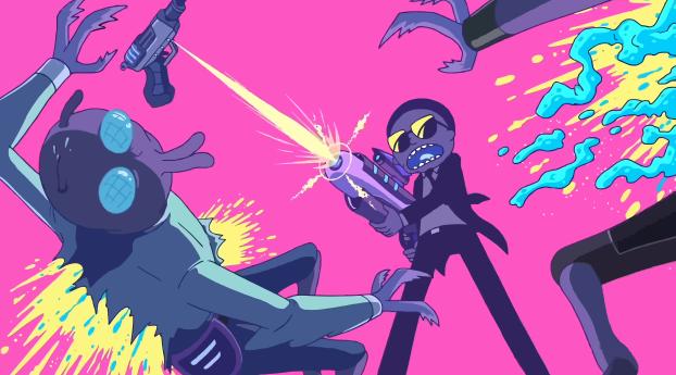 Rick and Morty Fighting WIth Aliens Wallpaper 5120x2680 Resolution
