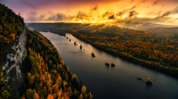 River And Forest Sunset Drone View Wallpaper 4480x1080 Resolution