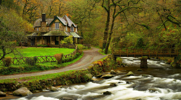 river, house, grass Wallpaper 2560x1440 Resolution