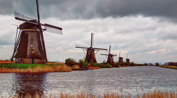 river, mill, wind Wallpaper