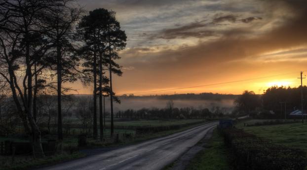 road, sunset, fog Wallpaper 828x1792 Resolution