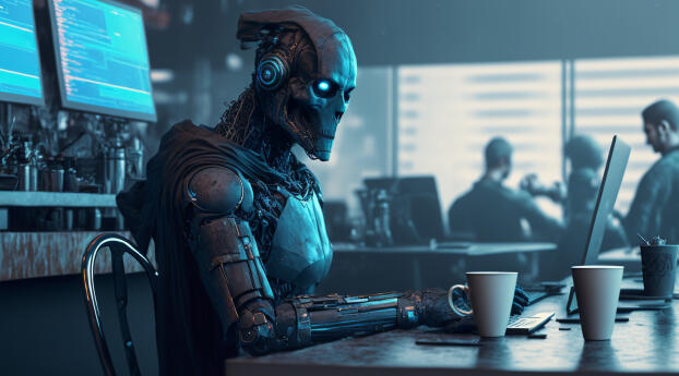 Robot in a Cafe AI Art Wallpaper