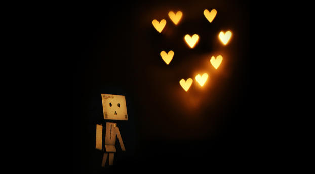 Robot Toy and Hearts With Lights Wallpaper 3540x1080 Resolution