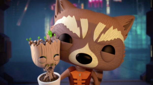 Rocket And Baby Groot Bait and Switch Wallpaper 720x1520 Resolution
