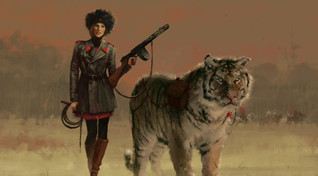 Russian Women With Tiger Illustration Wallpaper 1366x768 Resolution