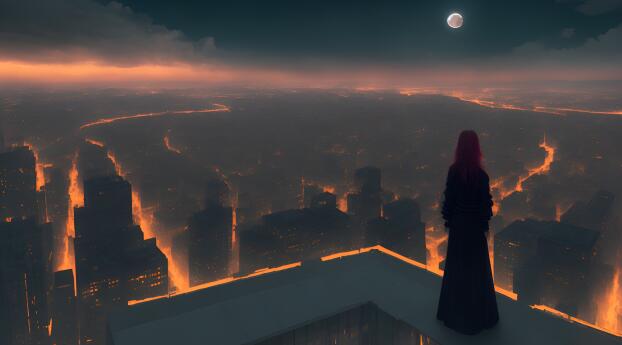 Sad Girl Alone 4K Skyscraper City Wallpaper 2560x1440 Resolution