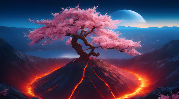 Sakura Tree HD Volcano Eruption Wallpaper 1440x2560 Resolution