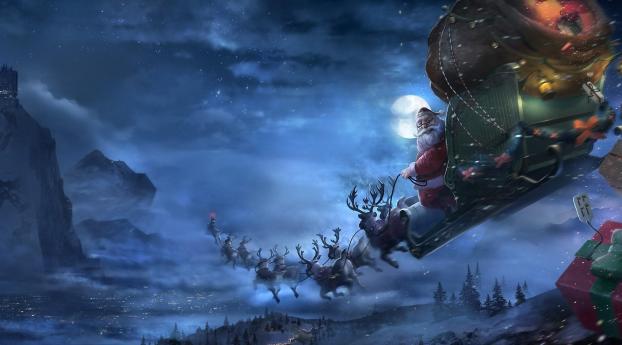 santa claus, reindeer, sleigh Wallpaper 1080x2310 Resolution