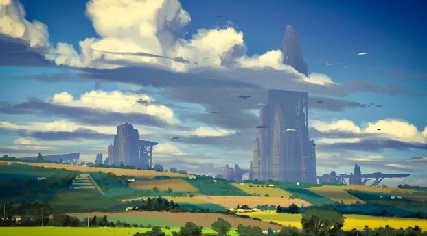 Sci Fi Countryside Painting City Wallpaper 360x480 Resolution