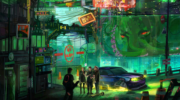 Sci Fi People HD Cyber City Talk Wallpaper 2300x1080 Resolution