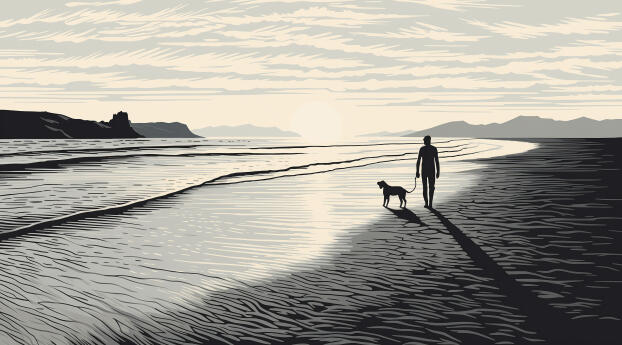 Seaside Dog Walking HD Monochrome Wallpaper 1360x768 Resolution