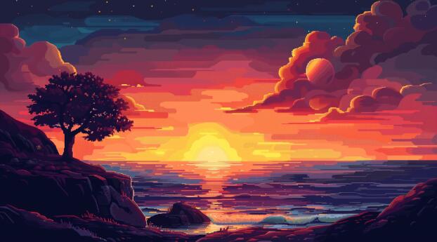 Serene Nature HD Pixel Art Sunset Wallpaper 2520x2080 Resolution