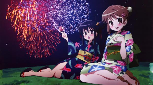 shakugan no shana, girls, fireworks Wallpaper 1440x2960 Resolution