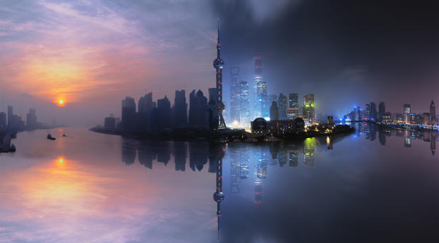 Shanghai Day and Night Wallpaper 1366x768 Resolution
