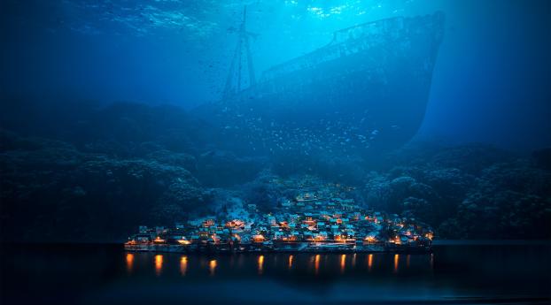 Ship And Town Underwater Wallpaper 1366x768 Resolution