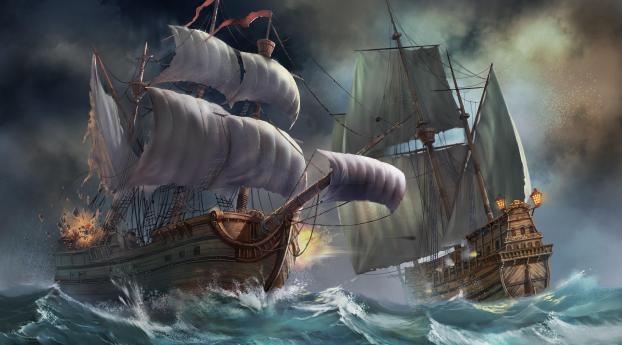 ships, sea, storm Wallpaper 1366x768 Resolution
