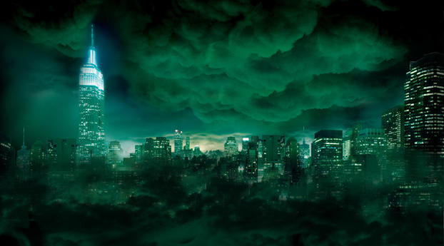 Skyscrapers Cover under Scary Toxic Clouds Wallpaper 1920x1080 Resolution