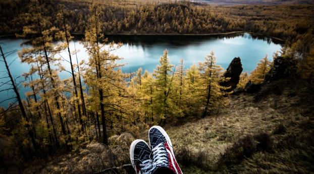 sneakers, lake, autumn Wallpaper 640x960 Resolution