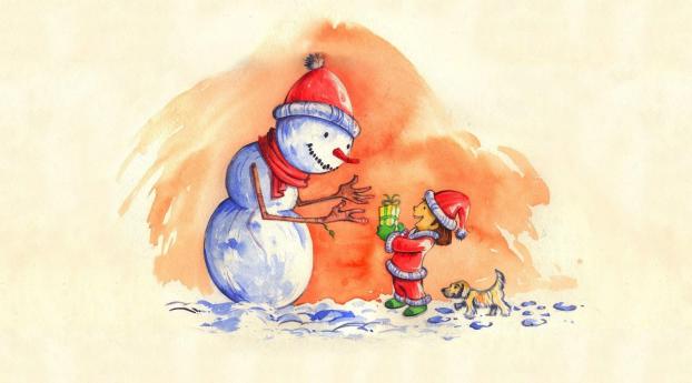 snowman, baby, gift Wallpaper 1600x900 Resolution