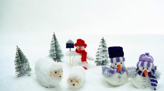 snowmen, sheep, trees Wallpaper