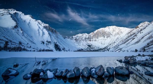 Snowy Mountains at Starry Night Wallpaper 2560x1080 Resolution