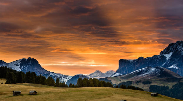 snowy mountains, sunset, grass Wallpaper 1280x1024 Resolution