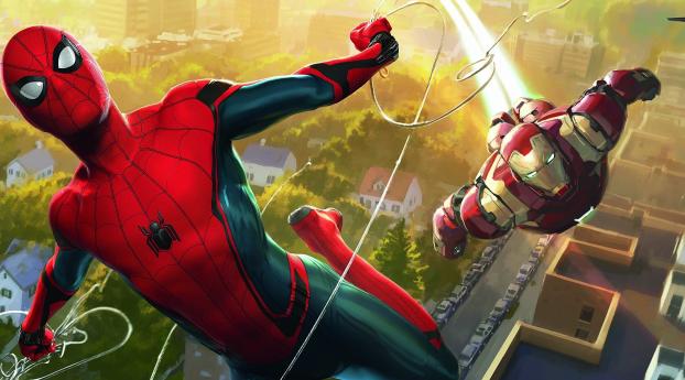  Spiderman And Iron Man Artwork Wallpaper 1080x2240 Resolution