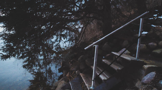 stairs, shore, river Wallpaper