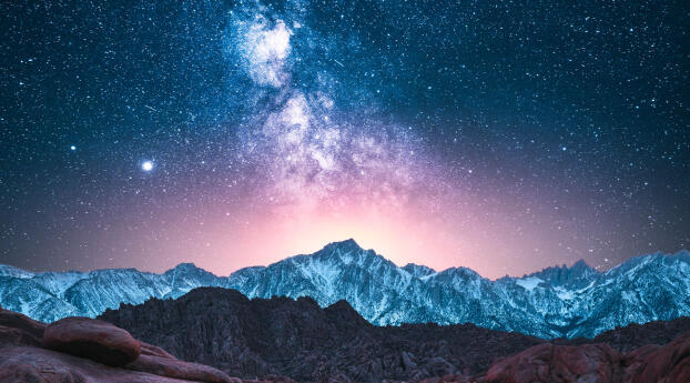 Starry Night over Mountains Cool Photography Wallpaper 5120x1600 Resolution
