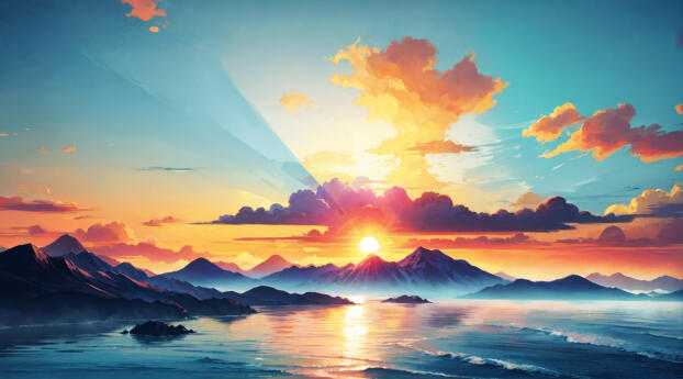 Sun rising from Clouds over Mountains Wallpaper