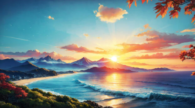 Sun Rising over Mountains Beach HD Photography Wallpaper