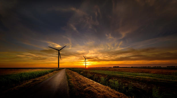 Sunrise Wind Turbine Road Sky Wallpaper 2560x1600 Resolution