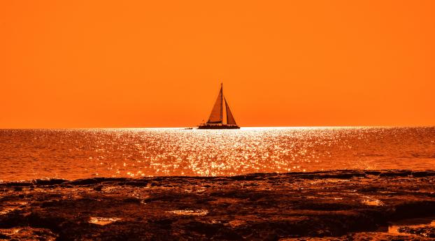 Sunset Boat Sail Orange Cloud And Sea Wallpaper 1366x768 Resolution