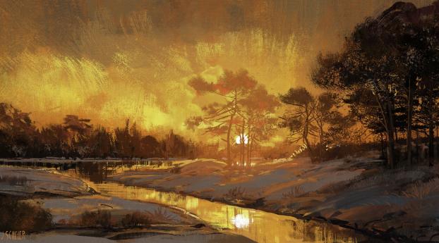 Sunset on the Lake Drawing Wallpaper 640x360 Resolution